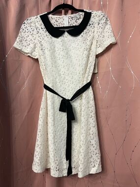 Forever 21 White Lace Dress with Black Collar and Waist Sash